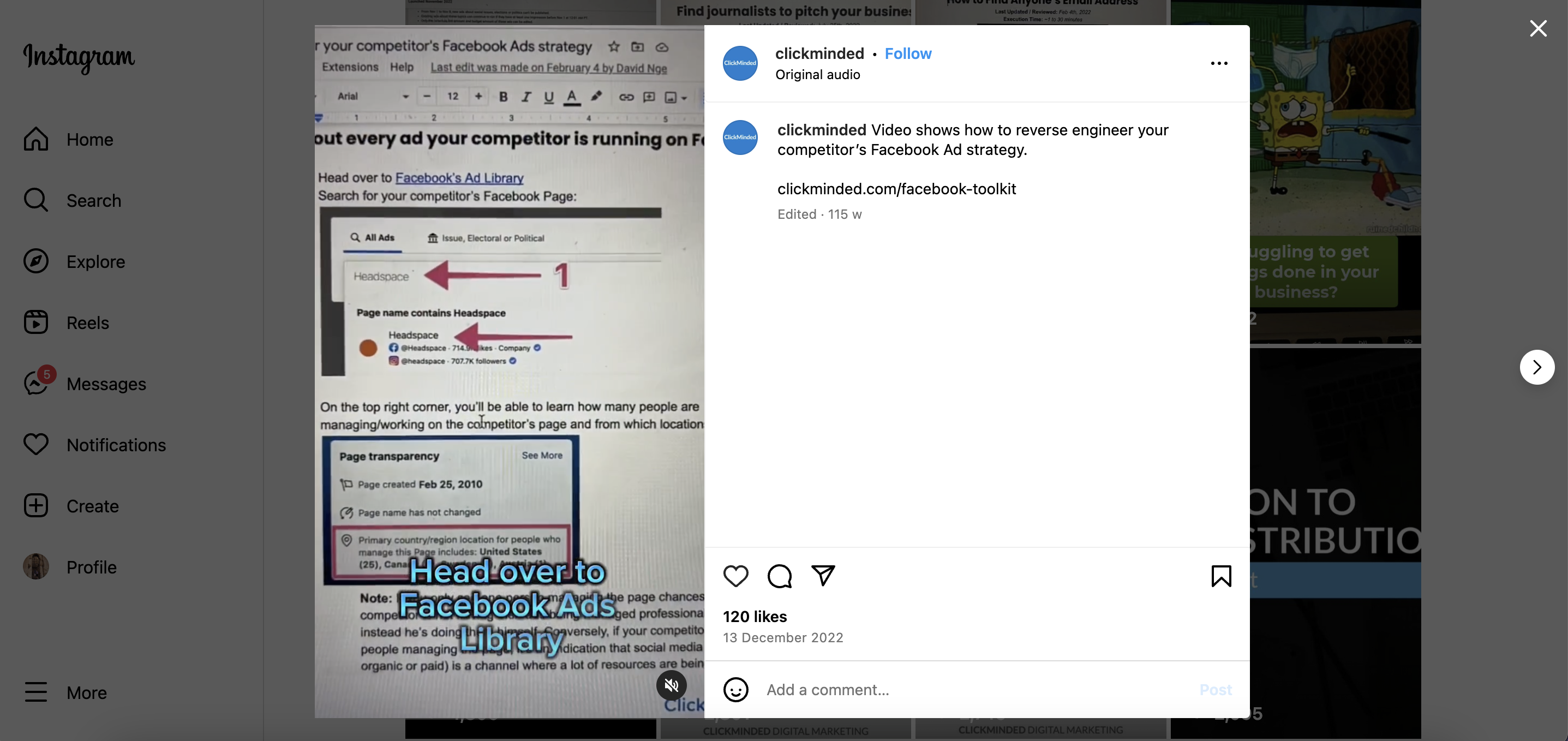 Instagram reel from clickminded on how to reverse engineer competitor's facebook ad strategy